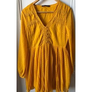 Zara Mustard Yellow Long Sleeved Pleated Dress